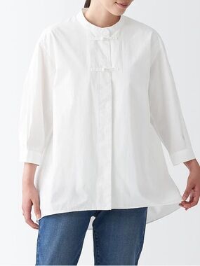 Muji Women's size XS-S Oversized White Poplin 3/4 Sleeve Mid Length Shirt